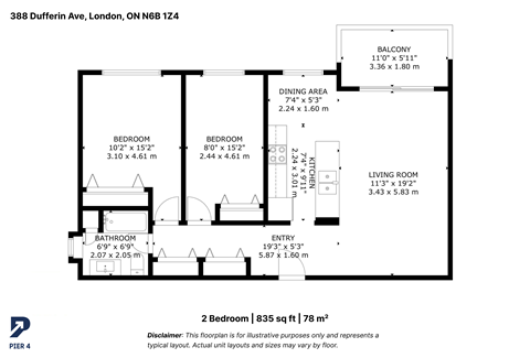Floor plan for 2 beds, 1 bath, 835 sqft